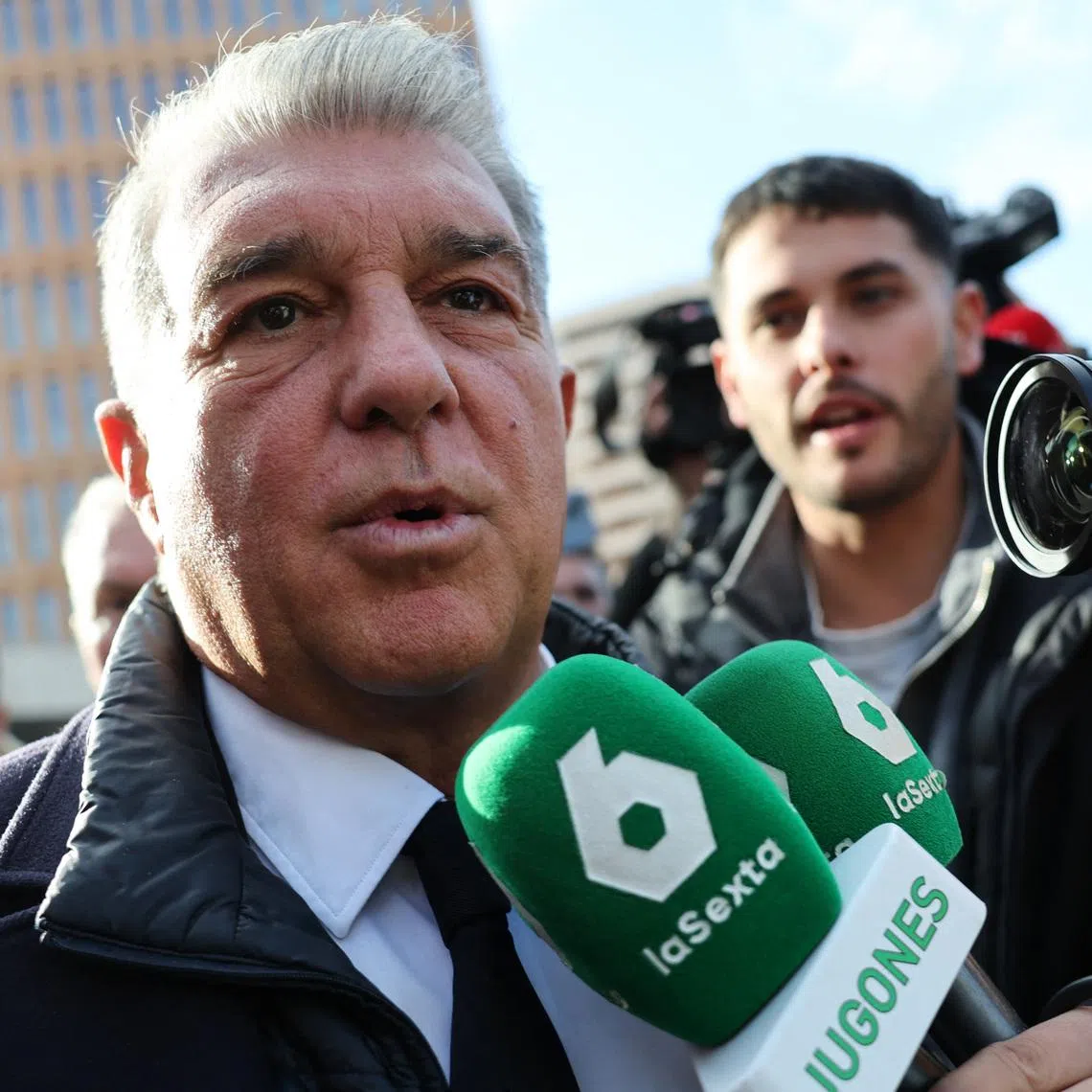 Soccer Football - FC Barcelona president Joan Laporta gives evidence in Negreira case - Barcelona Investigation Court, Barcelona, Spain - December 12, 2025 FC Barcelona president Joan Laporta speaks to the media after leaving court REUTERS/Nacho Doce