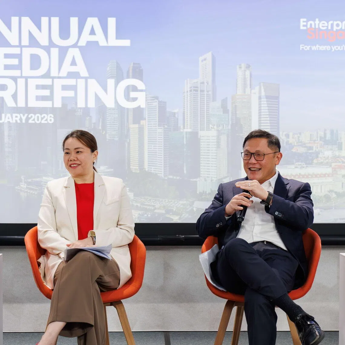 Enterprise Singapore's managing director Cindy Khoo and chairman Lee Chuan Teck at the annual media briefing on Jan 28.