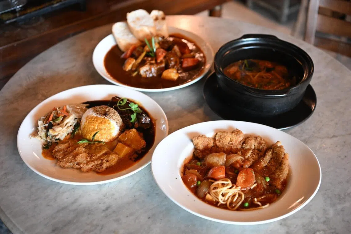 Dishes at British Hainan (clockwise from left): Hainanese curry rice, oxtail stew, mutton soup and Hainanese pasta. 