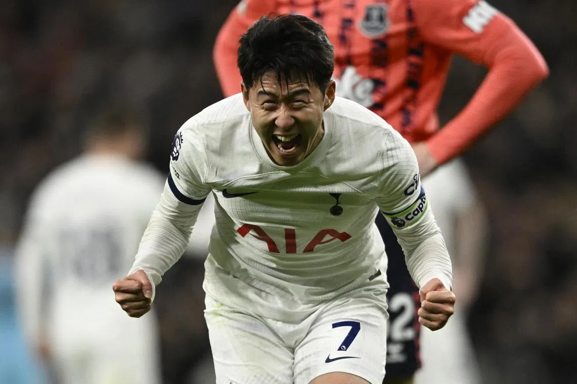 Tottenham Hotspur's Son Heung-min, who scored his team's second goal, celebrates after the match.