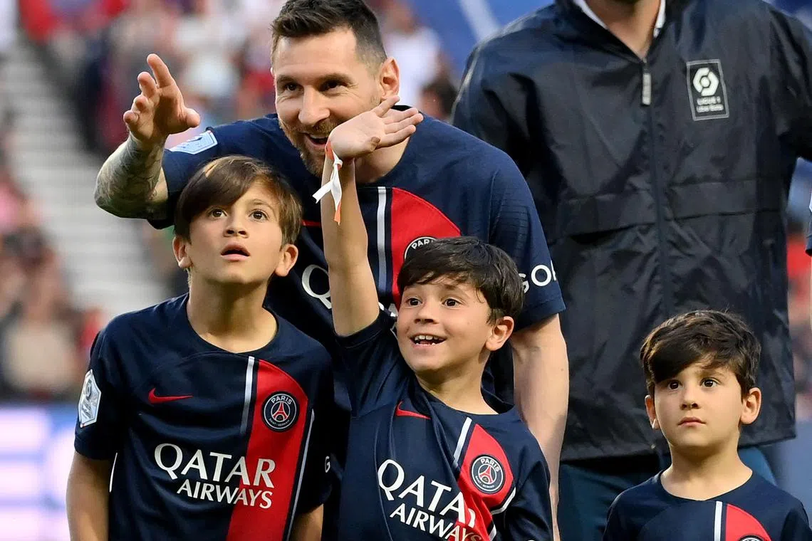 Lionel Messi with his children before his last match for Paris Saint-Germain on Saturday.
