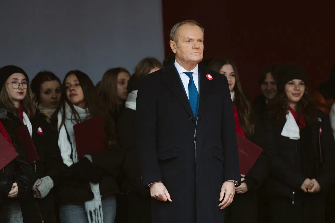 Polish Prime Minister Donald Tusk appears during an event to mark the 107th anniversary of Polish independence in his hometown of Gdansk, Poland, November 11, 2025. Agencja Wyborcza.pl/Martyna Niecko via REUTERS