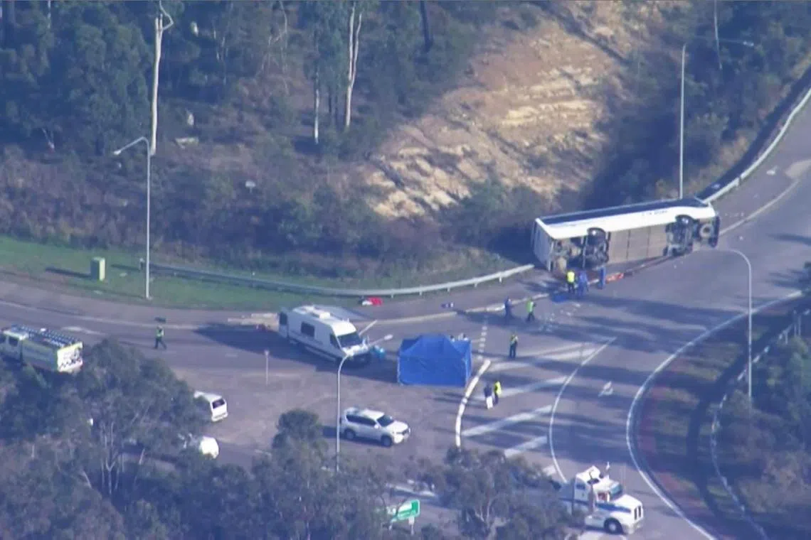 A frame grab showing the site of a bus crash, where 10 people from a wedding party were killed, in Cessnock, Australia, on June 12.