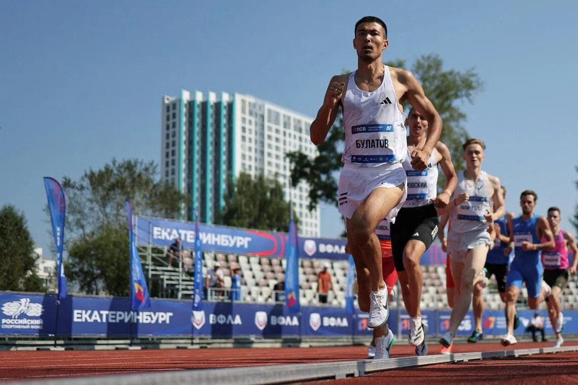 Gadel Bulatov leading the 1,500m field at the Russian Athletics Championship in Yekaterinburg on July 25. The country’s athletes are banned from international competition over Russia’s war in Ukraine.