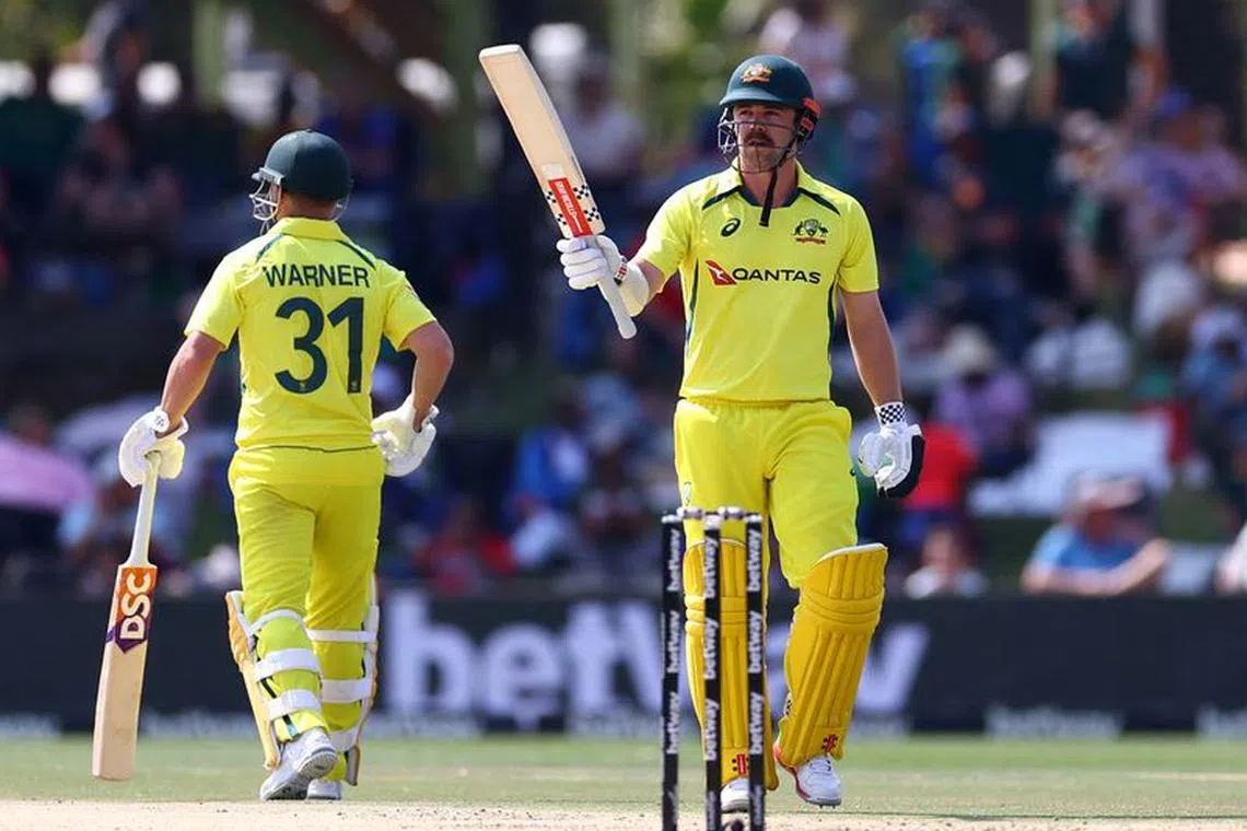 Cricket - Second ODI - South Africa v Australia - Mangaung Oval, Bloemfontein, South Africa - September 9, 2023 Australis'a Travis Head celebrates after reaching his half century REUTERS/Siphiwe Sibeko/File Photo