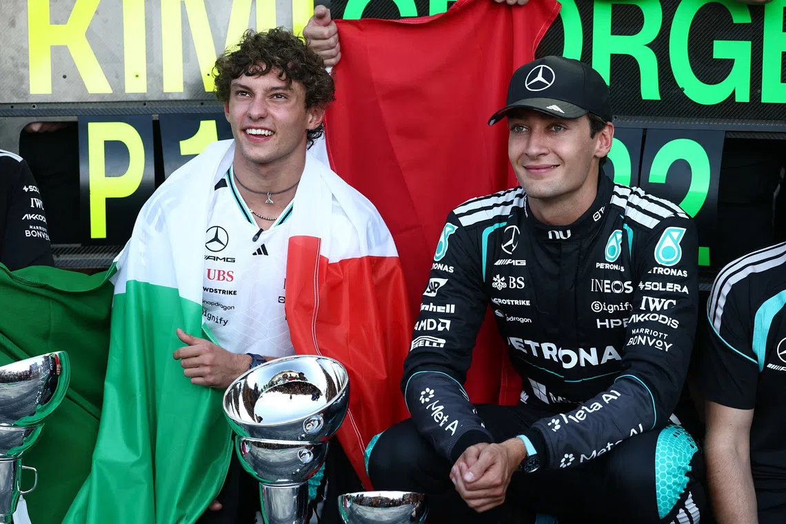 Mercedes’ Andrea Kimi Antonelli celebrating after winning the race with second-placed teammate George Russell on Sept 6.