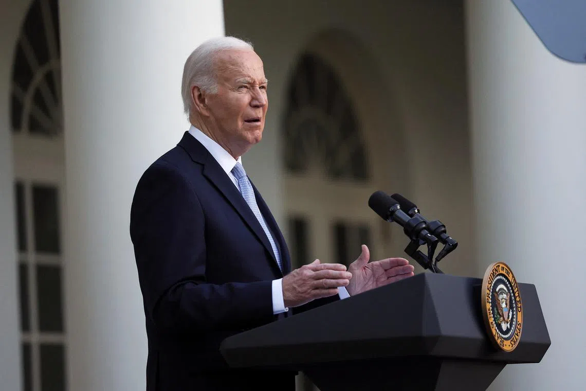U.S. President Joe Biden delivers remarks, at a celebration for Jewish American Heritage Month, in the Rose Garden at the White House, in Washington, U.S., May 20, 2024. REUTERS/Leah Millis