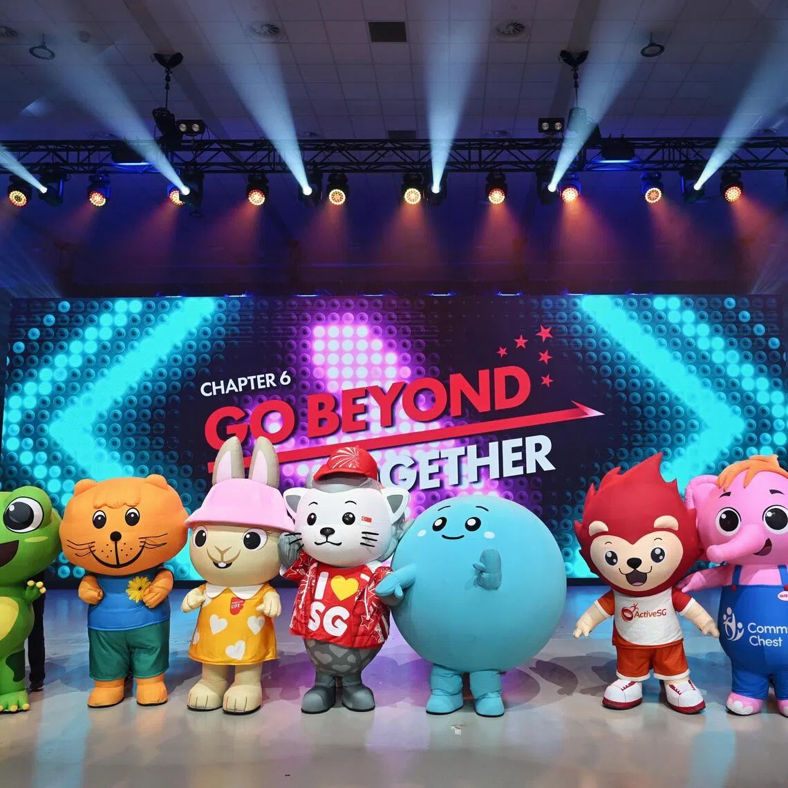 The mascots of NDP 2026 posing for a picture, during the unveiling of the overall concept and key highlights of the NDP Show segment, at D’Marquee at Downtown East on July 2.
