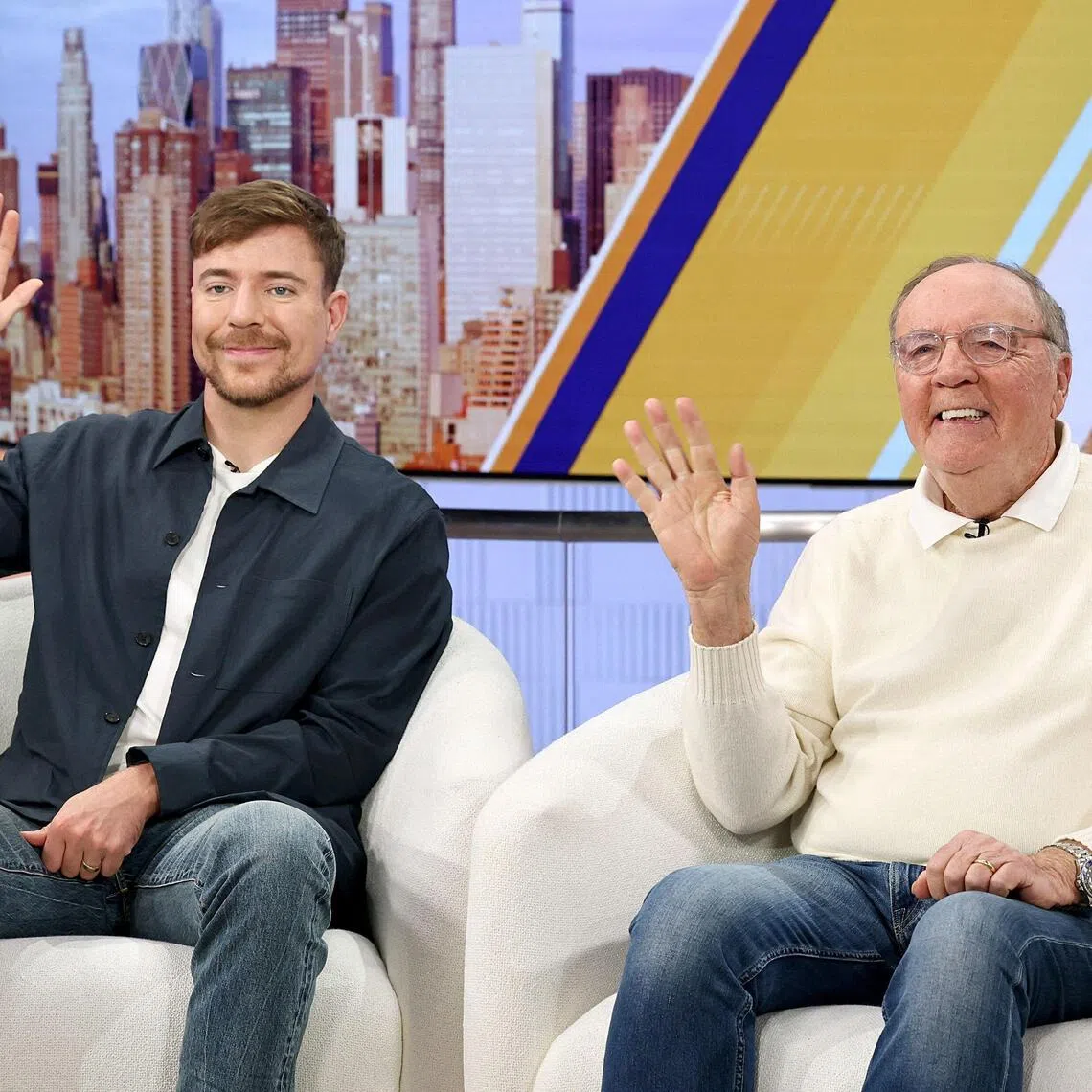 MrBeast (left) and James Patterson on Fox & Friends on Sept 3 to promote their new book, The Most Dangerous Games.