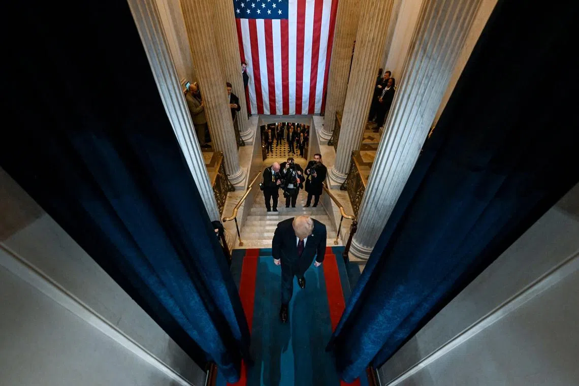 US President-elect Donald Trump arrives to the 60th presidential inauguration in the US Capitol Rotunda on Jan 20, 2025. 