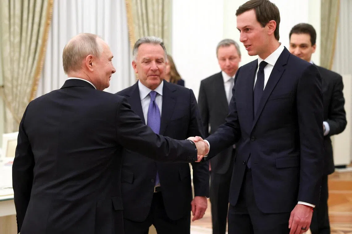 US envoys Steve Witkoff (centre) and Jared Kushner (right) meeting Russian President Vladimir Putin in Moscow in January. 