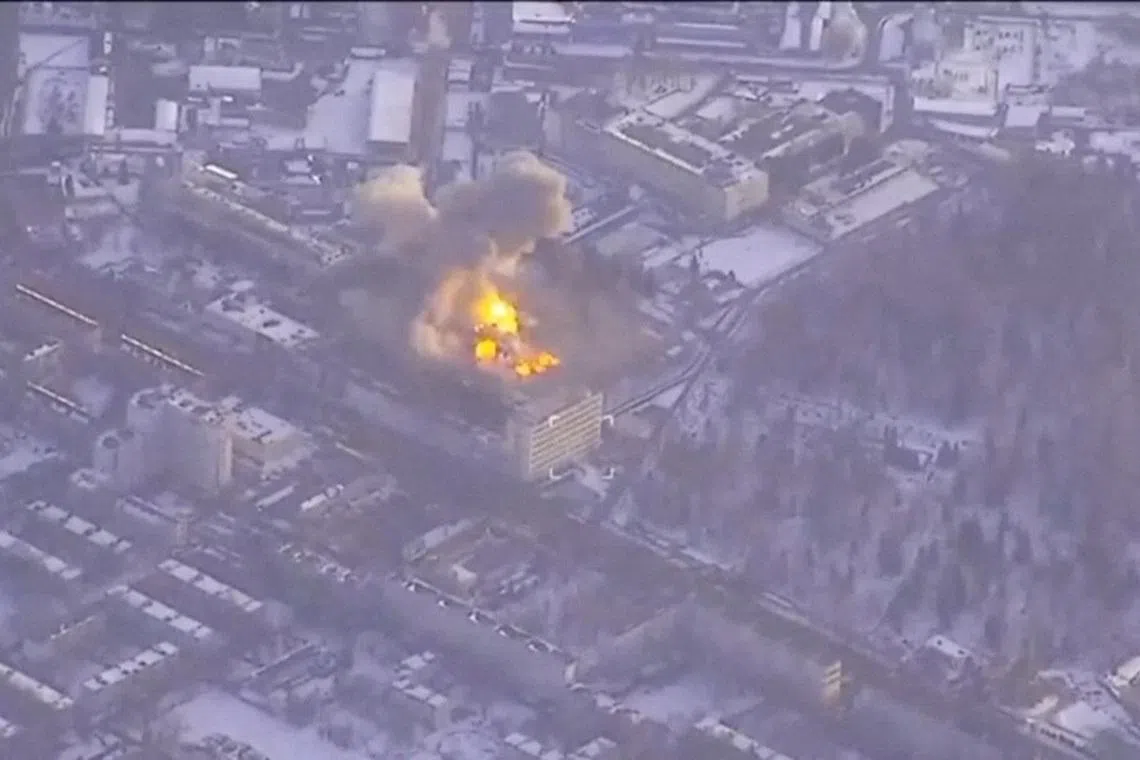 Smoke rises amid explosions from a Ukrainian strike on a Russian missile plant, in the course of the Russia-Ukraine conflict, in Bryansk, Russia March 10, 2026 in this screen grab from handout video. General Staff of Ukraine Armed Forces/Handout via REUTERS