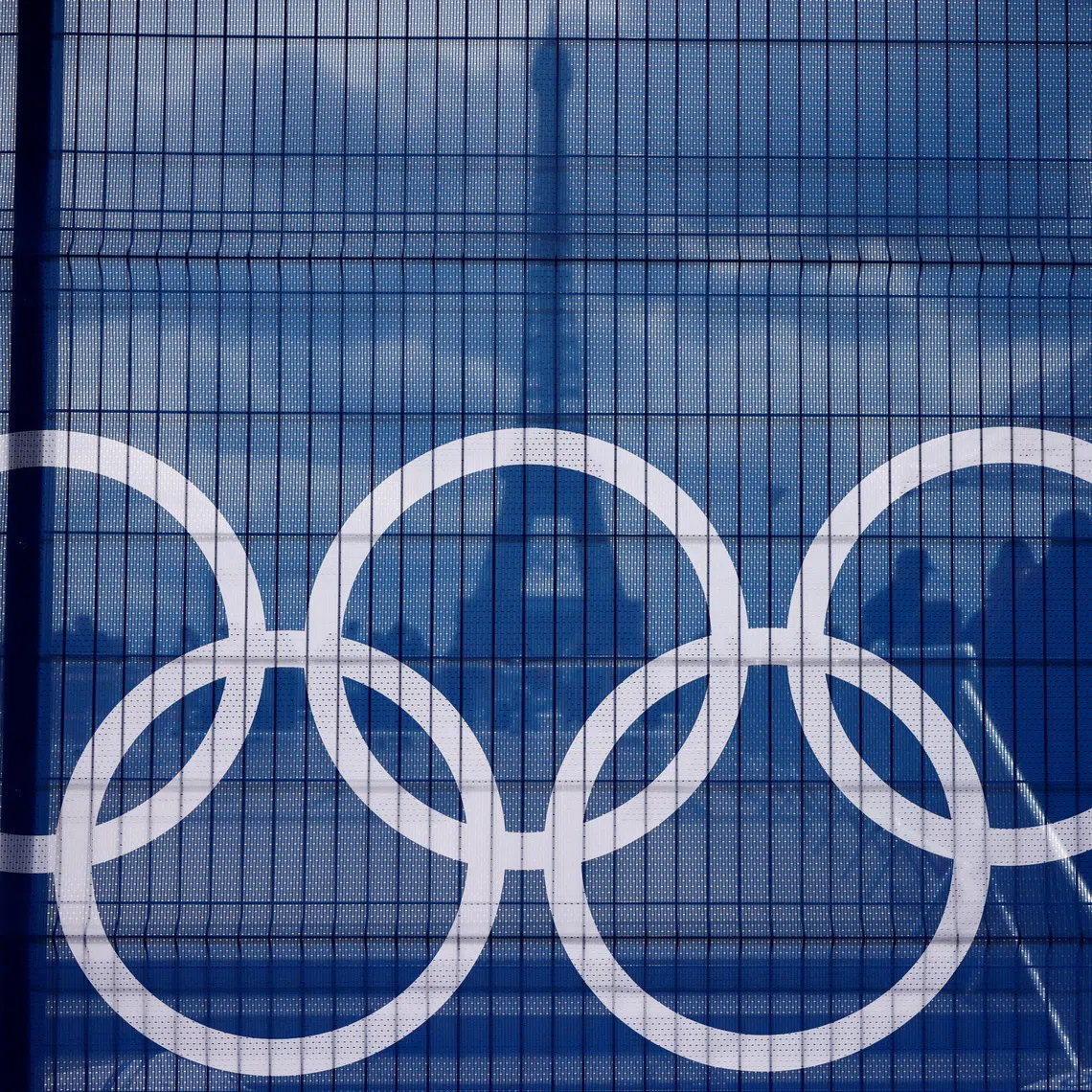 The Eiffel Tower is seen through a net with a part of the logo of the Paris 2024 Olympic and Paralympic Games from the Trocadero square in Paris, France, July 3, 2024. REUTERS/Yara Nardi
