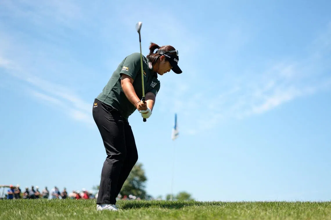 CHASKA, MINNESOTA - JUNE 27: Haeran Ryu of South Korea chips on the 11th green during the third round of the KPMG Women's PGA Championship 2026 at Hazeltine National Golf Club on June 27, 2026 in Chaska, Minnesota.   Andrew Wevers/Getty Images/AFP (Photo by Andrew Wevers / GETTY IMAGES NORTH AMERICA / Getty Images via AFP)