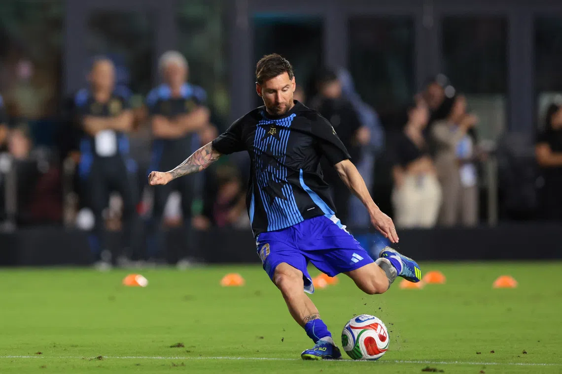 Oct 14, 2025; Fort Lauderdale, Florida, USA; Argentina forward Lionel Messi (10) warms up before the game against Puerto Rico at Chase Stadium. Mandatory Credit: Sam Navarro-Imagn Images