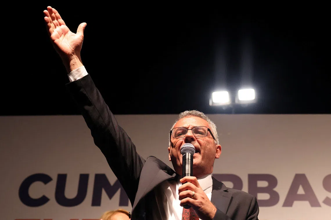 New Turkish Cypriot leader Tufan Erhurman celebrates winning the Turkish Cypriot elections in the divided capital Nicosia, Cyprus, in the Turkish Cypriot breakaway state, October 19, 2025. REUTERS/Yiannis Kourtoglou
