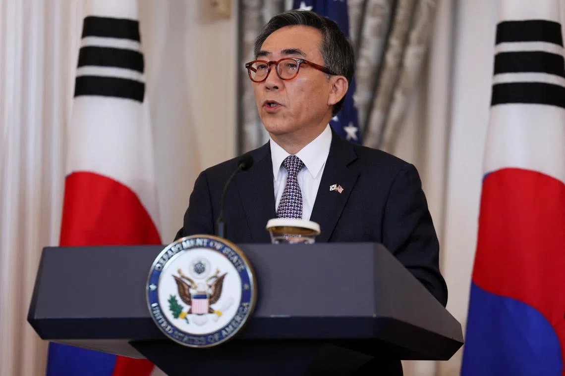 FILE PHOTO: South Korean Foreign Minister Cho Tae-yul attends a joint press conference during a 2+2 meeting, at the State Department in Washington, U.S., October 31, 2024. REUTERS/Leah Millis