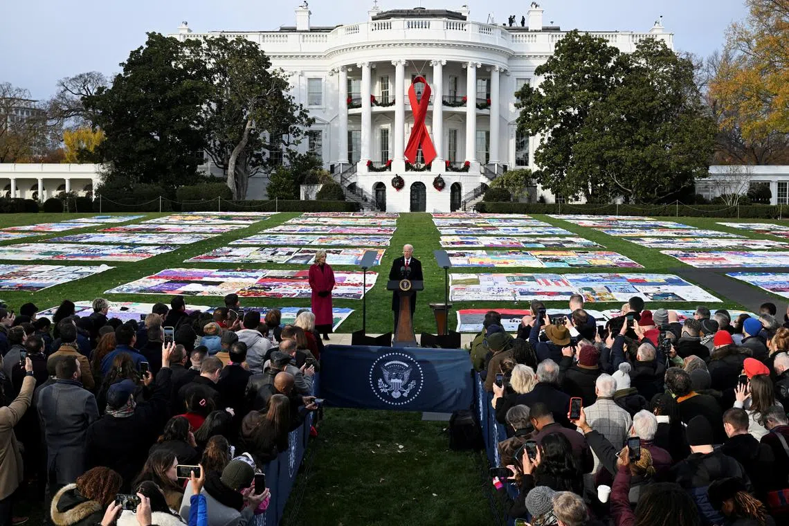 President Joe Biden marks World Aids Day with the Aids Memorial Quilt on display for the first time on the South Lawn of the White House on Dec 1.