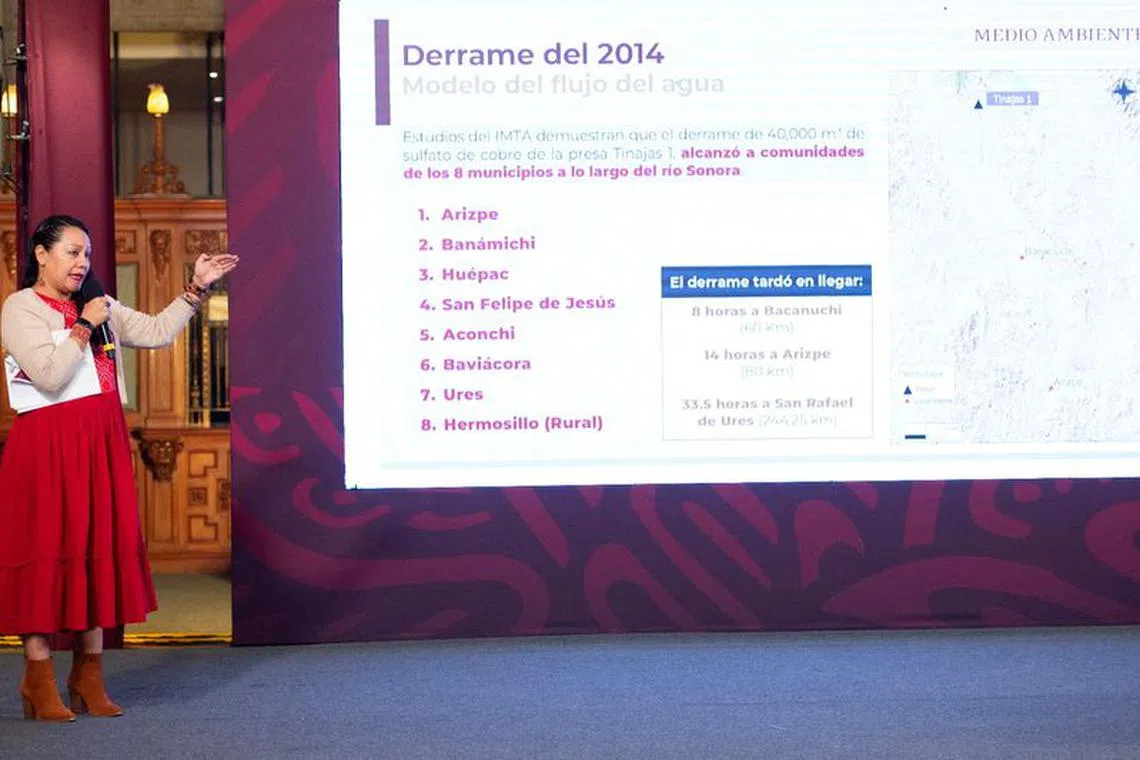 Environment Minister Maria Luisa Albores speaks during a press conference where she blamed mining firm Grupo Mexico for the 2014 toxic spill in a river, saying it was not an accident but a cause of negligence, while urging the company to create a new plan to remediate the damage, at the National Palace in Mexico City, Mexico October 12, 2023. Mexico Presidency/Handout via REUTERS