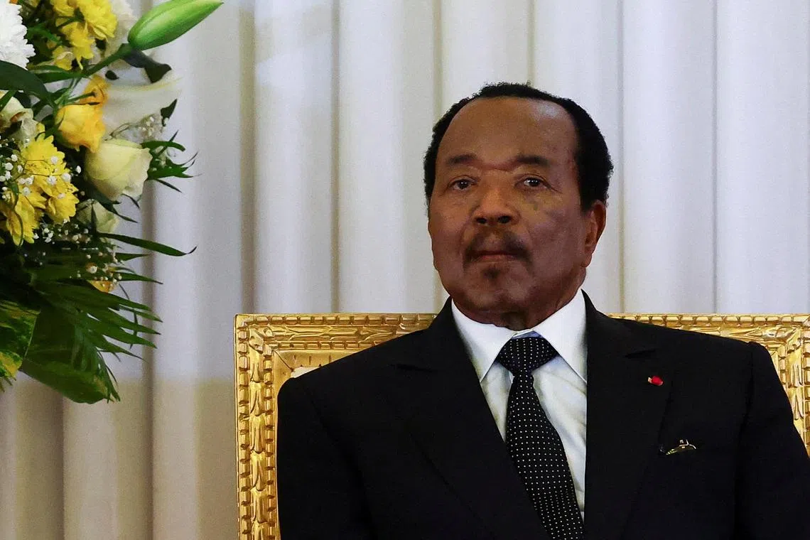 FILE PHOTO: Cameroonian President Paul Biya listens as Pope Leo XIV (not pictured) delivers a speech, at the Presidential Palace in Yaounde, during his apostolic journey to Cameroon, April 15, 2026. REUTERS/Guglielmo Mangiapane/File Photo