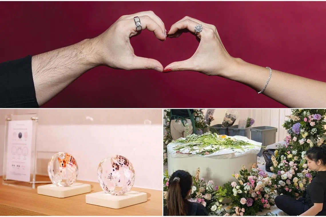 Pet owners can turn their pets' fur, bones or ashes into keepsake jewellery pieces. They can also hold a funeral in a memorial hall into a garden-inspired setting (bottom right).