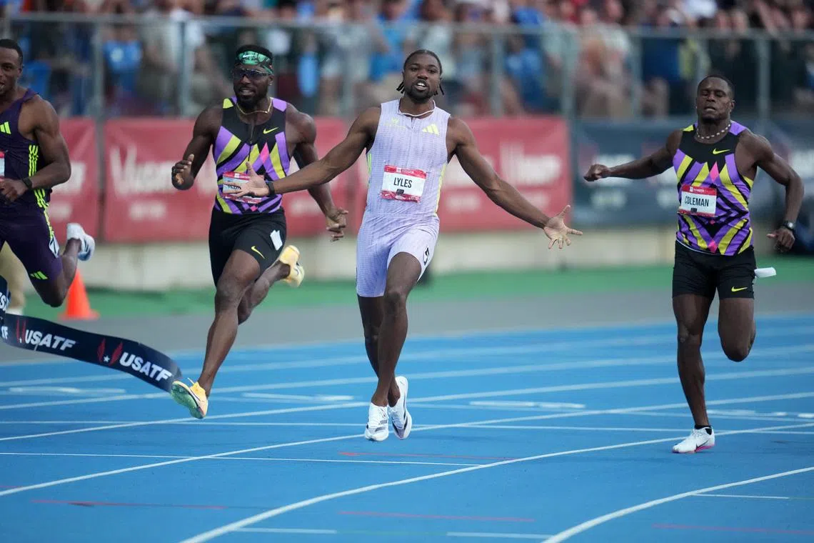 Jul 24, 2026; New York, NY, USA; Noah Lyles (center) defeats Kenny Bednarek (left) and Christian Coleman to win the 100m in 9.79 during the USATF Championships at Icahn Stadium. Mandatory Credit: Kirby Lee-Imagn Images