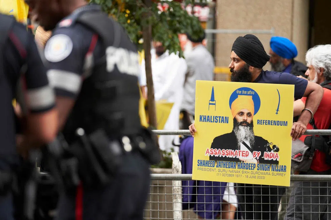 Sikhs protest for the independence of Khalistan in front of the Indian Consulate in Toronto, Canada, on July 8, 2023.