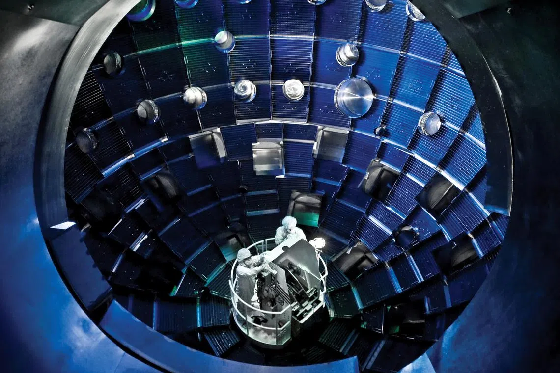 The interior of the target chamber at the US Department of Energy’s Lawrence Livermore National Laboratory, where nuclear fusion takes place.
