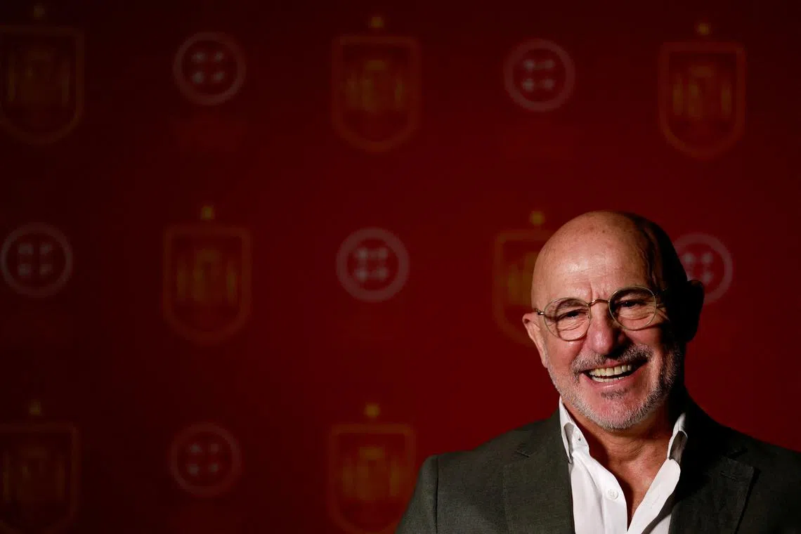 Spain's men's national soccer team coach Luis de la Fuente reacts during an interview with Reuters at the Spanish Football Federation headquarters in Las Rozas, outside Madrid, Spain, May 13, 2024. REUTERS/Susana Vera