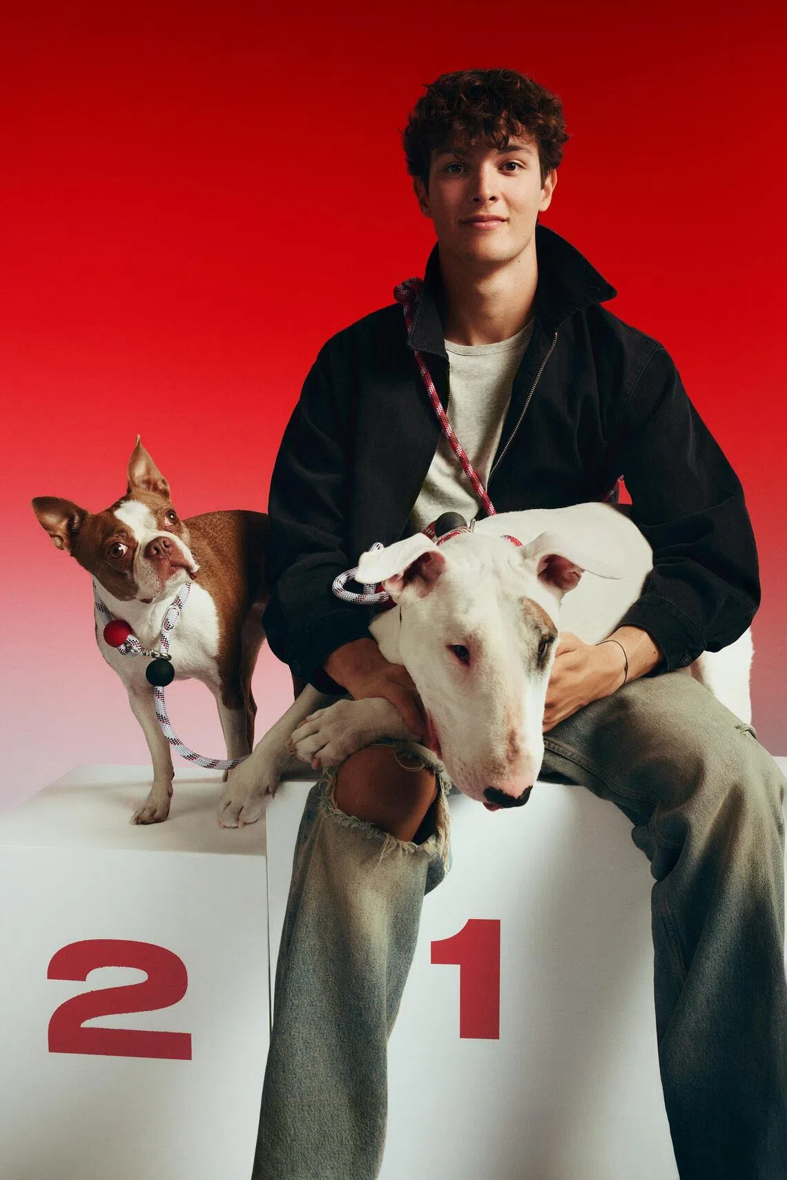 British F1 racer Ollie Bearman and his dogs Freddie and Ruby in luxury pet lifestyle brand Vetreska’s Fast Life. Reimagine. campaign.