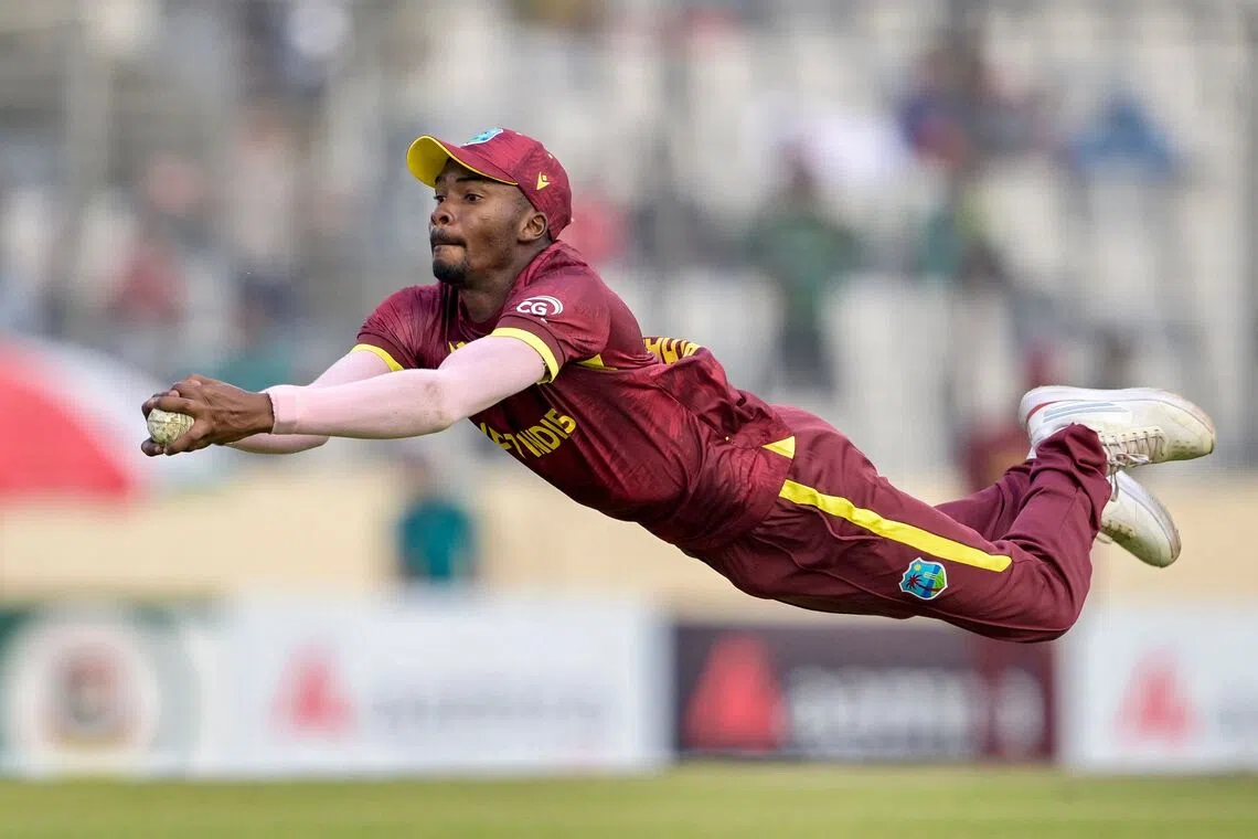 West Indies' Alick Athanaze taking a catch to dismiss Bangladesh's Najmul Hossain Shanto during the third one-day international (ODI) cricket match between Bangladesh and West Indies at the Sher-e-Bangla National Cricket Stadium in Dhaka, Bangladesh on Oct 23, 2025.