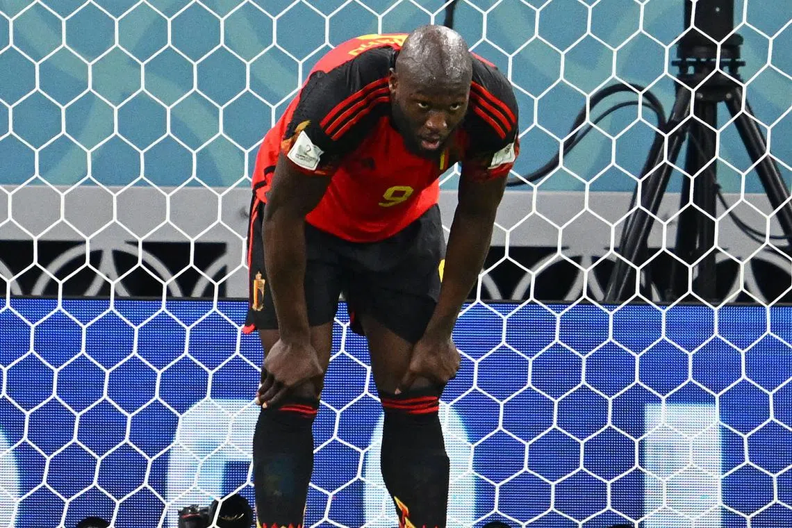 Belgium forward Romelu Lukaku reacts to a missed chance.