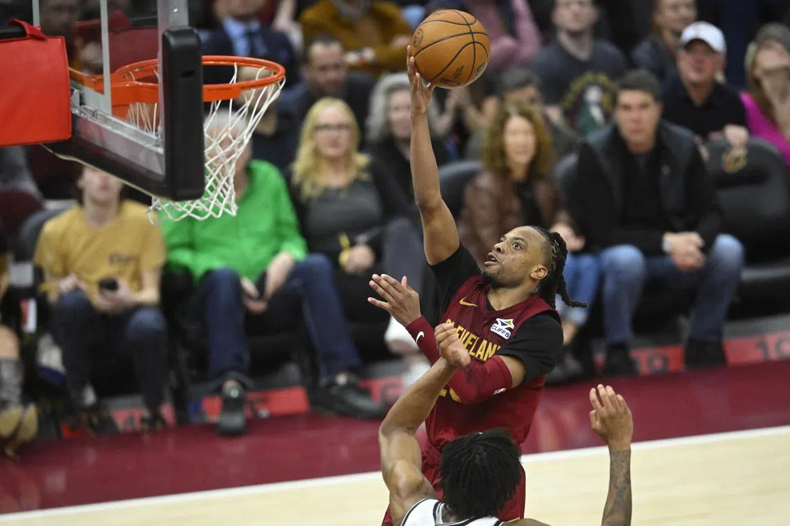 Cleveland Cavaliers guard Darius Garland drives to the basket in the fourth quarter against the Brooklyn Nets at Rocket Arena.