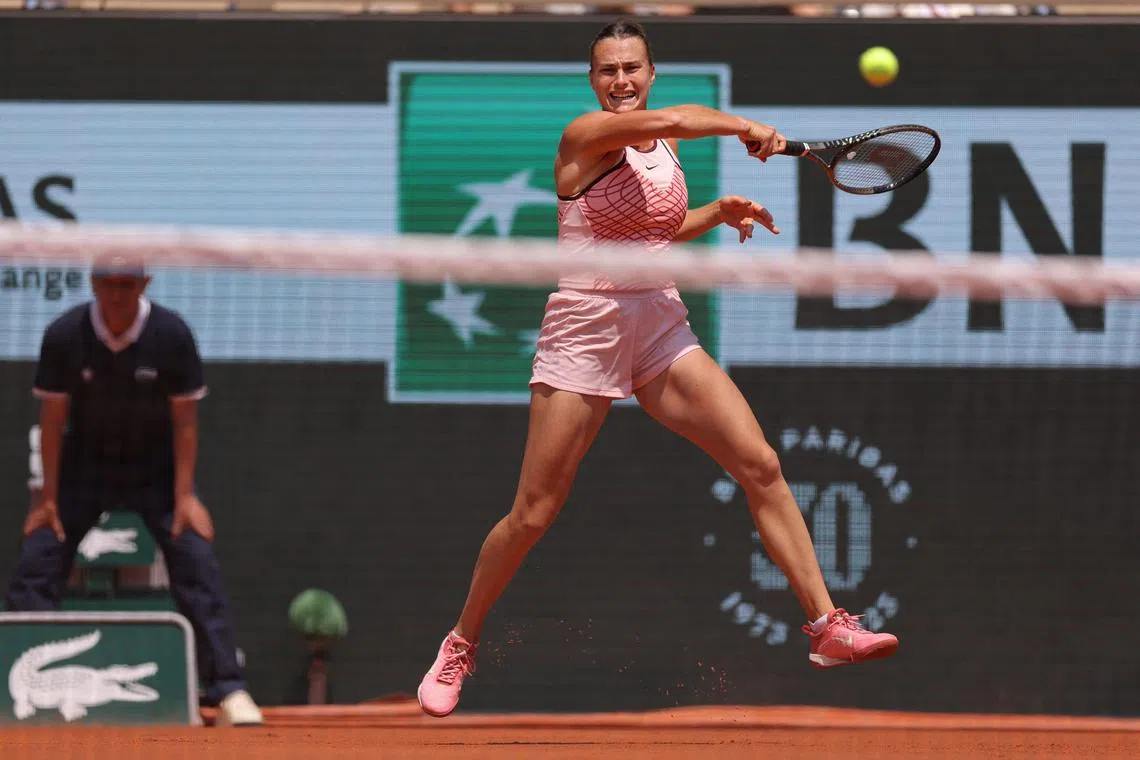 Belarus' Aryna Sabalenka plays a forehand return to Ukraine's Elina Svitolina during their French Open quarter-final.