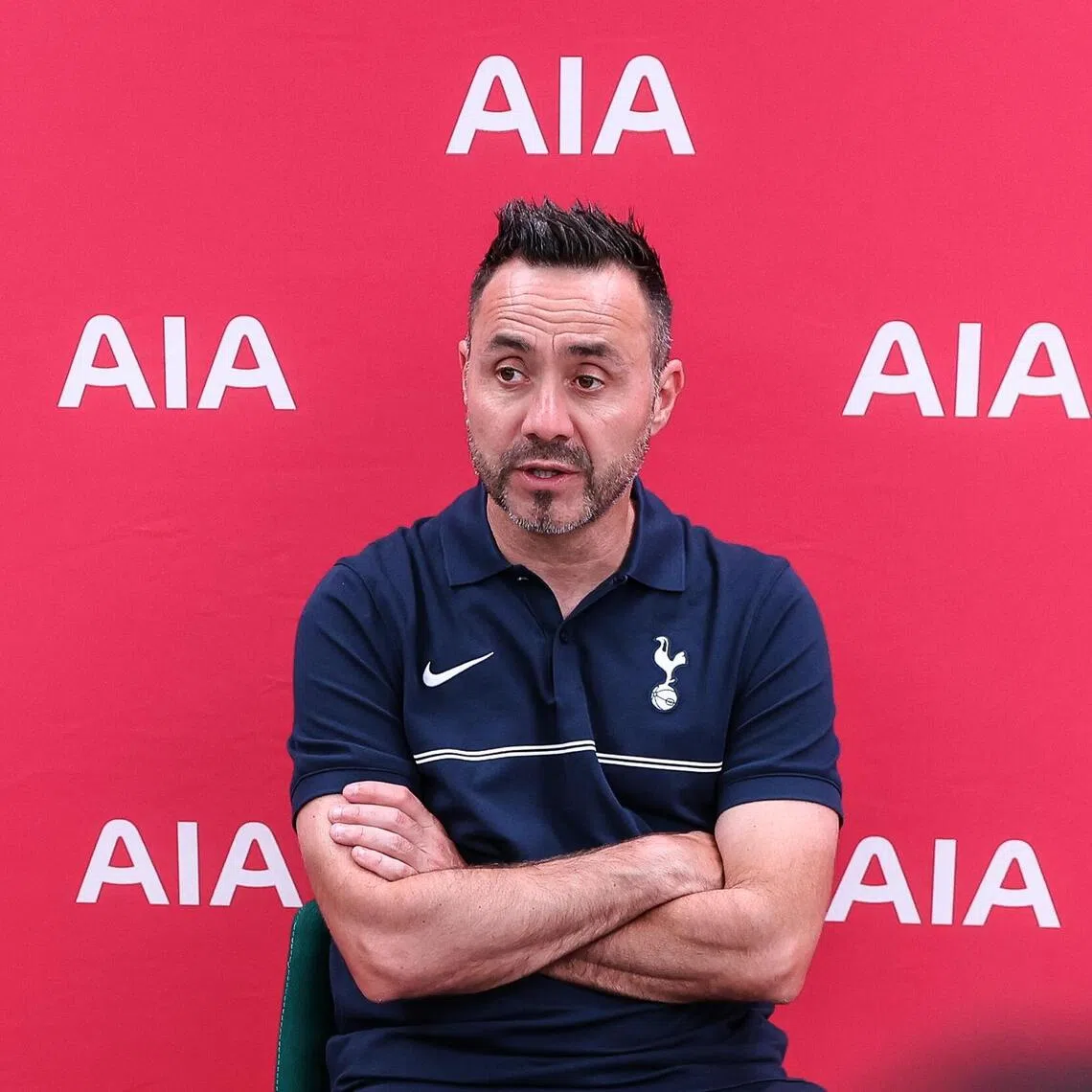 Tottenham Hotspur manager Roberto de Zerbi speaking to the Singaporean media at the club’s training centre in Enfield on Sept 10.