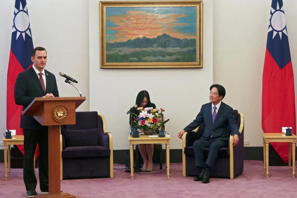 U.S. Representative Mike Gallagher (R-WI) speaks at a meeting with Taiwan President-elect Lai Ching-te at the presidential palace in Taipei, Taiwan February 22, 2024. REUTERS/Ben Blanchard