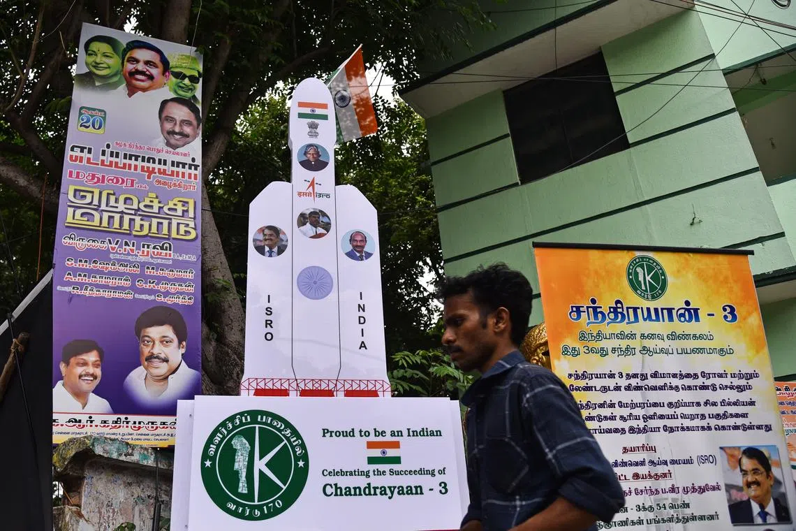 A model of the ISRO's ambitious mission Chandrayaan-3, which is installed on a roadside, in Chennai, India, on Aug 21.