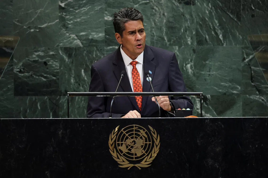 Palau's President Surangel Whipps Jr. addresses the 80th United Nations General Assembly (UNGA), at the U.N. headquarters in New York, U.S., September 25, 2025. REUTERS/Jeenah Moon/File Photo