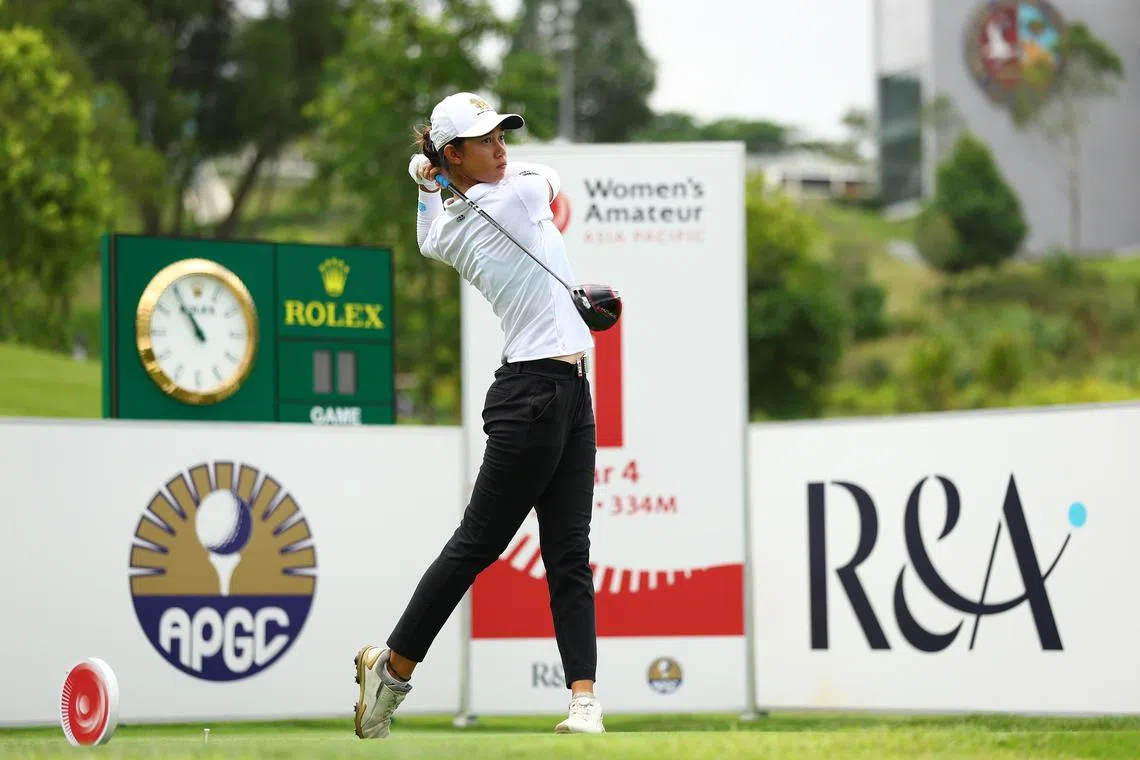 Eila Galitsky of Thailand plays a shot during Day Two of The Women's Amateur Asia-Pacific Championship on The New Course at The Singapore Island Country Club on March 10, 2023 in Singapore. (Photo by Yong Teck Lim/R&A/R&A via Getty Images)