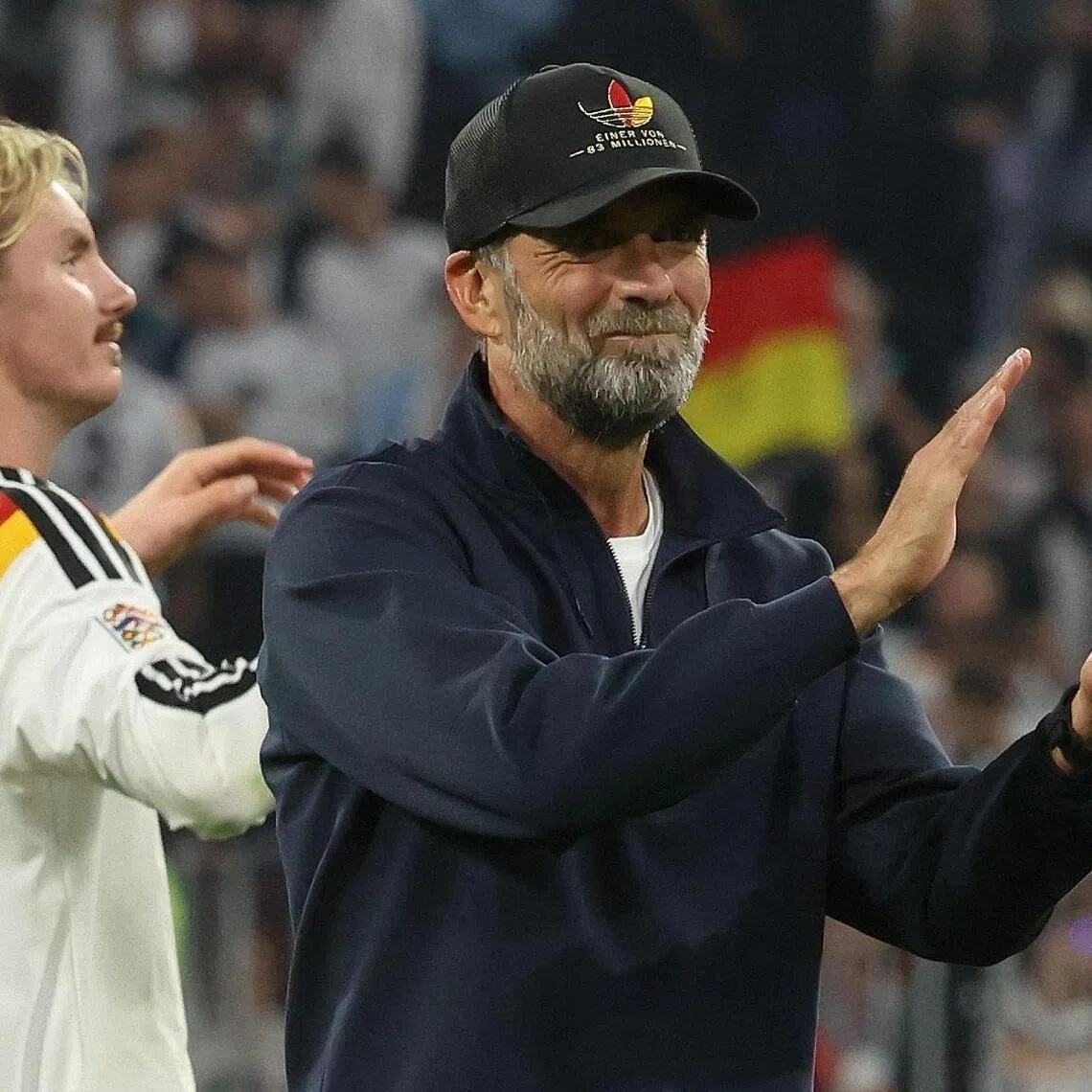 Former Liverpool manager Jurgen Klopp celebrating alongside Germany forward Nick Woltemade, after Germany beat Serbia 2-0 in the Nations League on Oct 1.