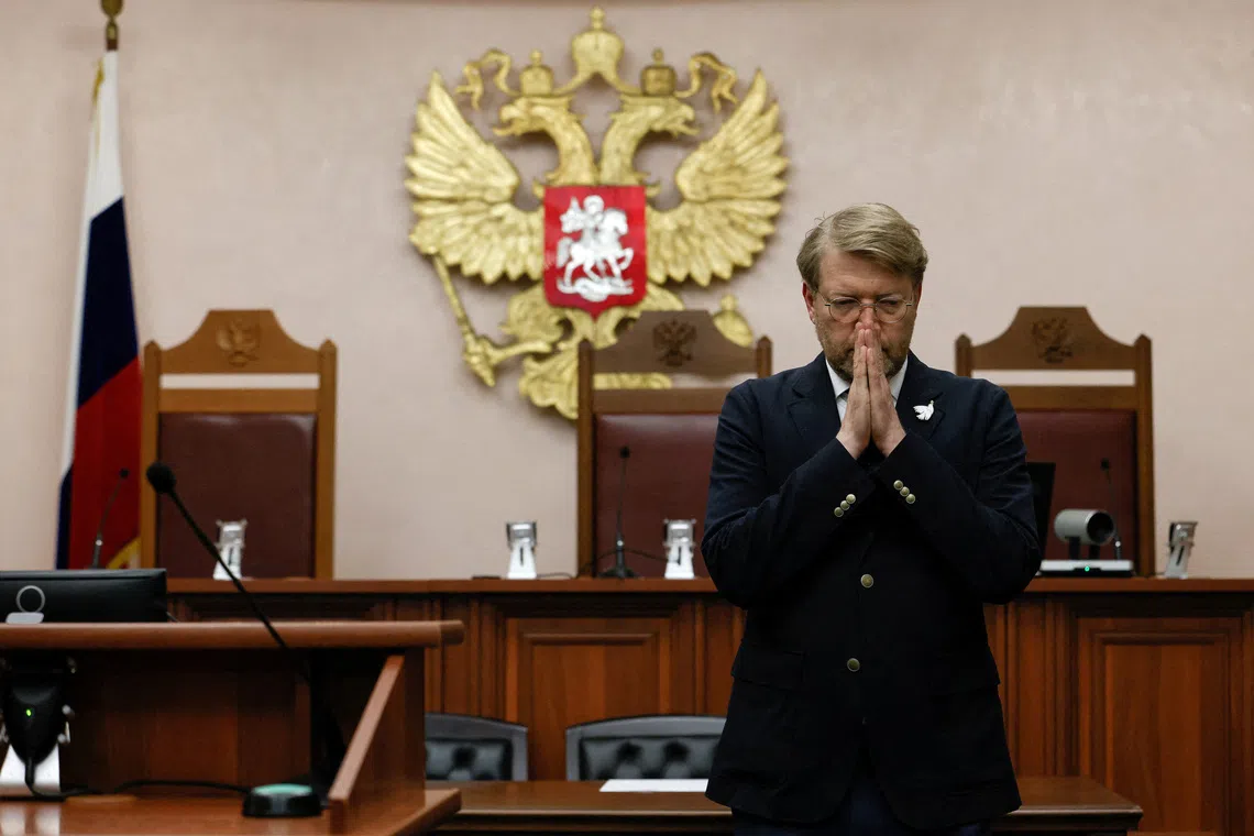 Chairman of Russia's Yabloko political party Nikolai Rybakov reacts after a hearing of the Supreme Court, which barred the party from contesting September's parliamentary elections over allegations of undeclared funding and breaches of campaigning rules, in Moscow, Russia, August 10, 2026. REUTERS/Yulia Morozova