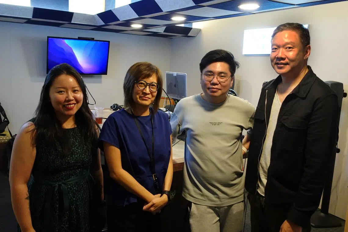 (From left) Volunteer at mental health charity Resillience Collective Min Hui, senior health correspondent Joyce Teo, podcast producer Eden Soh and executive director of RC Nicolas Lee in the podcast studio.