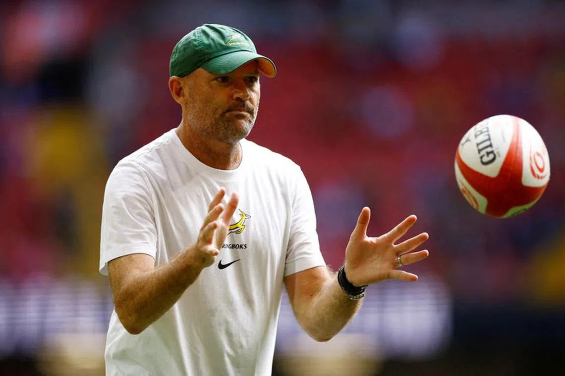 FILE PHOTO: Rugby Union - Wales v South Africa - World Cup warm-up - Principality Stadium, Cardiff, Wales, Britain - August 19, 2023  South Africa head coach Jacques Nienaber during the warm up before the match Action Images via Reuters/John Sibley/File Photo