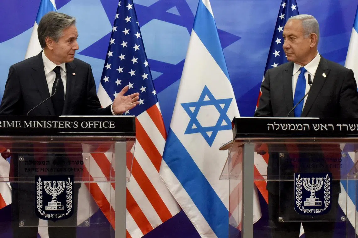 US Secretary of State Anthony Blinken (left) and Israeli Prime Minister Benjamin Netanyahu make statements to the media after their meeting.