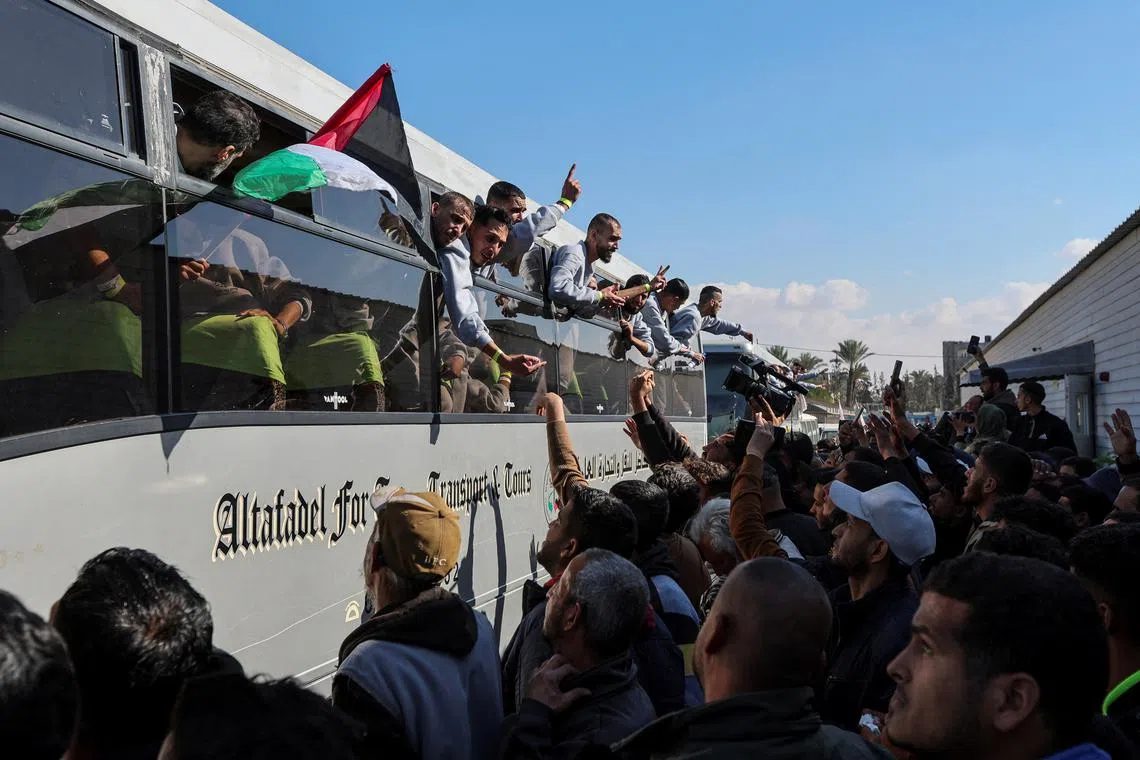 FILE PHOTO: Freed Palestinian prisoners are greeted after being released by Israel as part of a hostages-prisoners swap and a ceasefire deal in Gaza between Hamas and Israel, in Khan Younis in the southern Gaza Strip, February 1, 2025. REUTERS/Ramadan Abed/File Photo