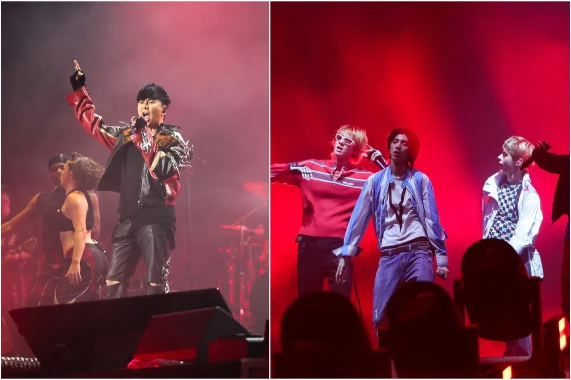 Singaporean superstar JJ Lin (left) and K-pop boy band Cortis performs at the Padang Stage on Oct 9, on the first night of the Formula 1 Singapore Airlines Singapore Grand Prix 2026.