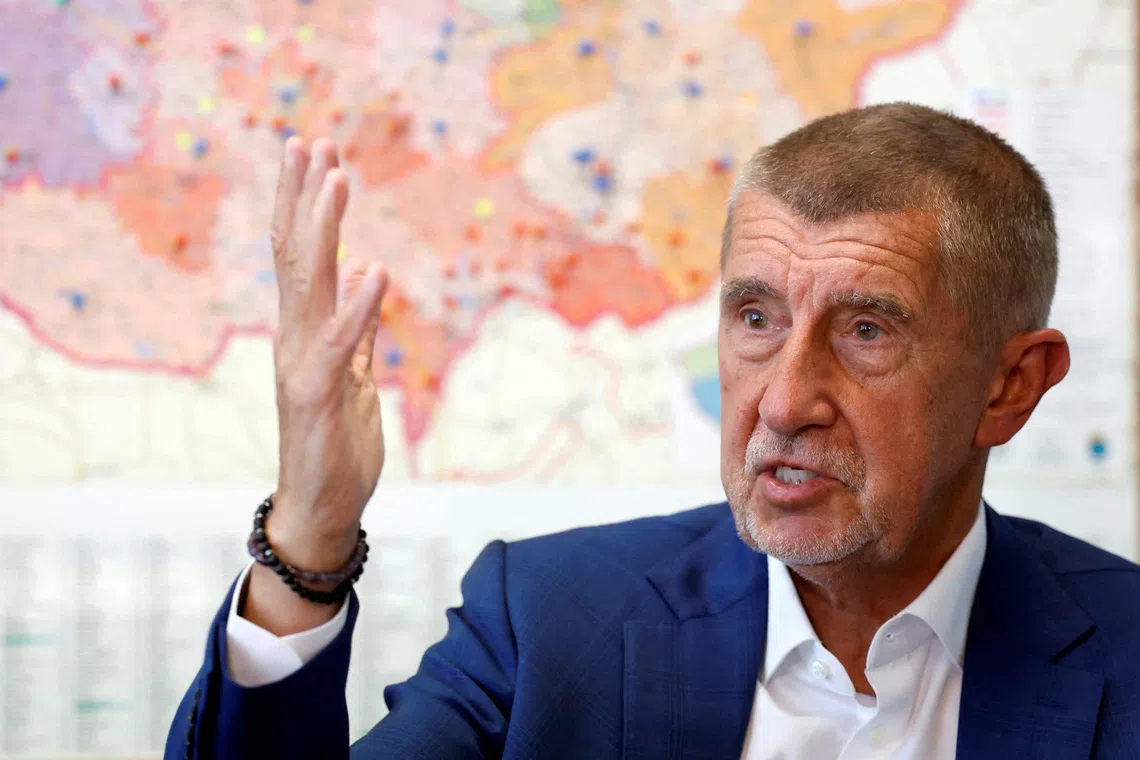 FILE PHOTO: Former Czech Prime Minister and leader of the ANO party, Andrej Babis, speaks during an interview with Reuters in Prague, Czech Republic, July 14, 2025. REUTERS/David W Cerny/File Photo