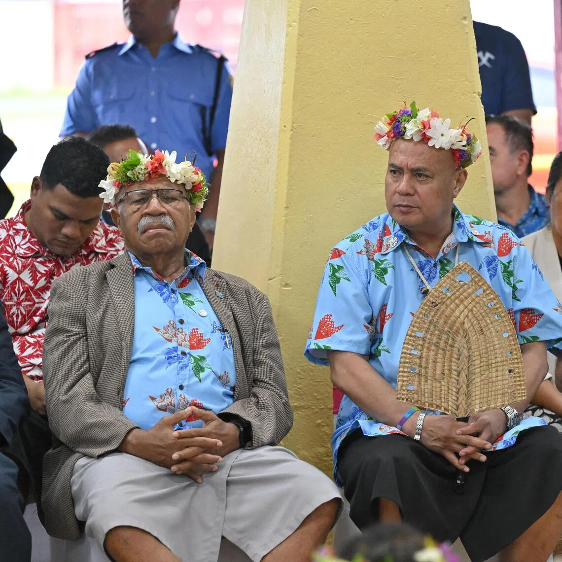 (From left) Fiji’s Prime Minister Sitiveni Rabuka, Tuvalu’s Prime Minister Feleti Teo and Australia’s Prime Minister Anthony Albanese at a welcome ceremony during the Pre-COP31 meeting in Funafuti, Tuvalu, on Oct 6.