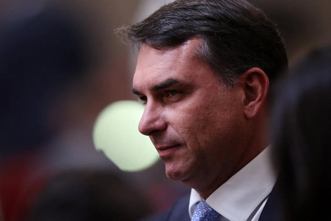 Senator Flavio Bolsonaro arrives for the inauguration ceremony of Kassio Nunes as the new president of the Superior Electoral Court in Brasilia, Brazil, May 12, 2026.REUTERS/Adriano Machado