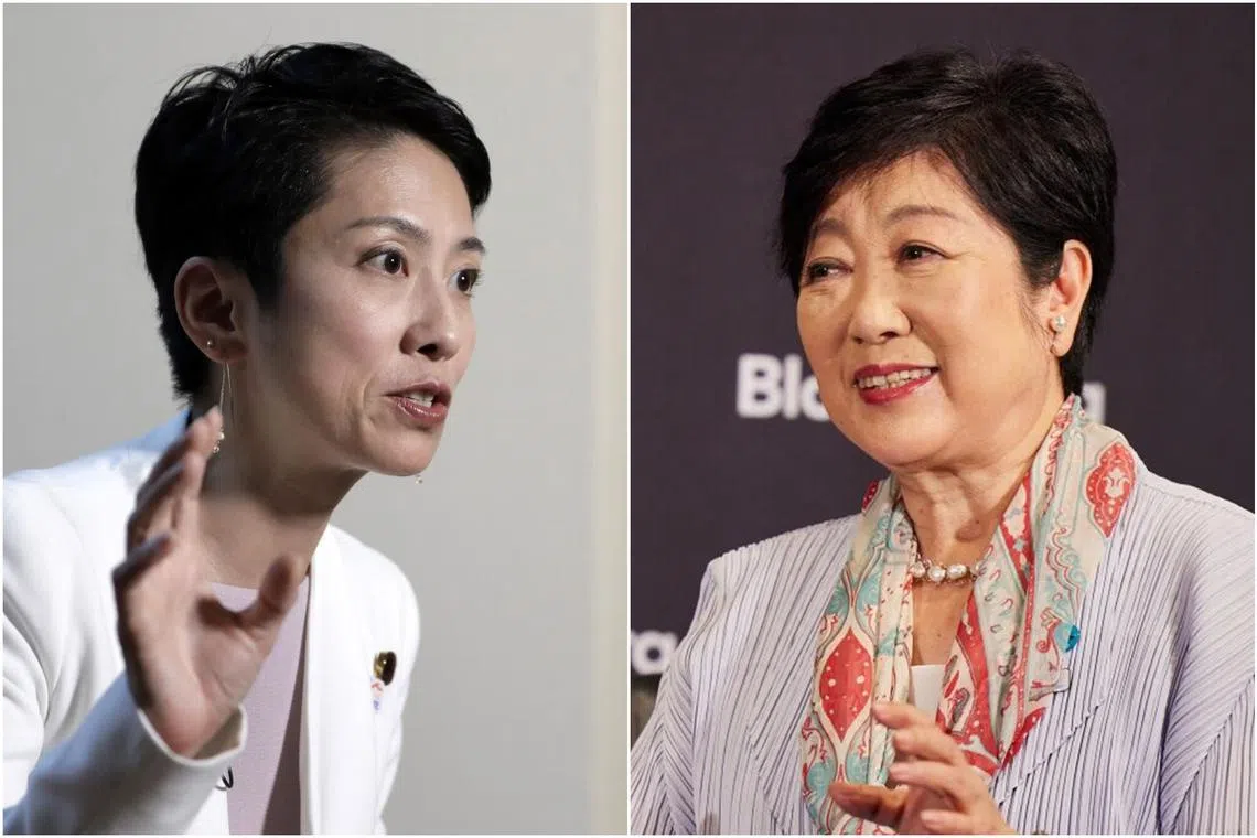 Renho Saito (left), an upper house lawmaker from the CDPJ, threw her hat into the ring on May 27, which would pit her against Tokyo Governor Yuriko Koike.
